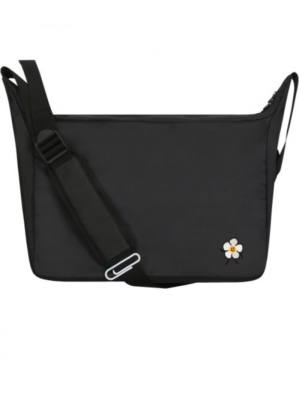 [BAG&ACC] Drawing Flower Smile Embroidery Cross Curved Messenger Bag_Black