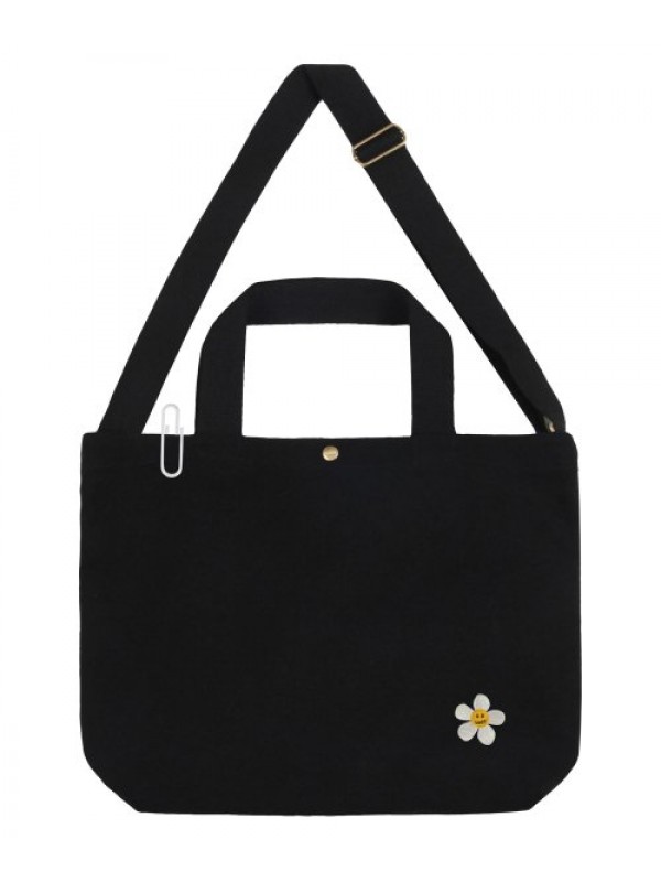 [UNISEX] FLOWER DOT EMBROIDERED TWO-WAY CANVAS BAG_BLACK